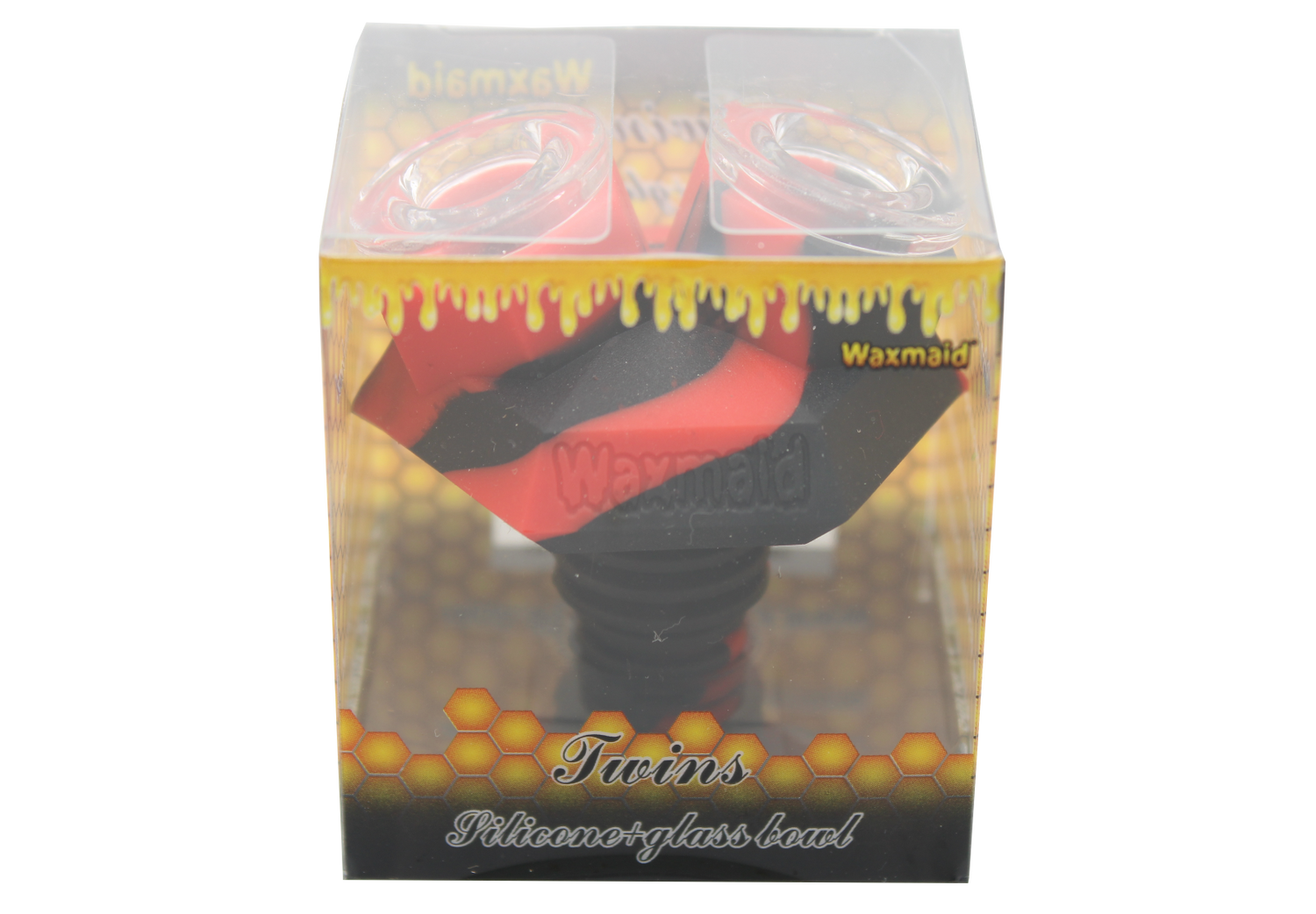 front view of the Waxmaid twins silicone bowl in a red and black twist. Made for long sessions with more herb.made from borosilicate glass and heat resistant silicone.