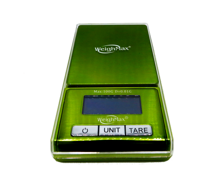 full view of the Weightmax bling scale in green. A scale for weight your smoking essentials. 