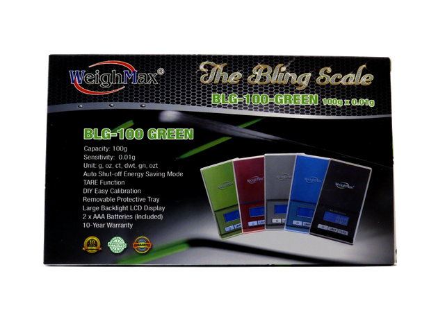 top view of the Weighmax Blin scale in green packaging. A scale for measuring your favorite herb.
