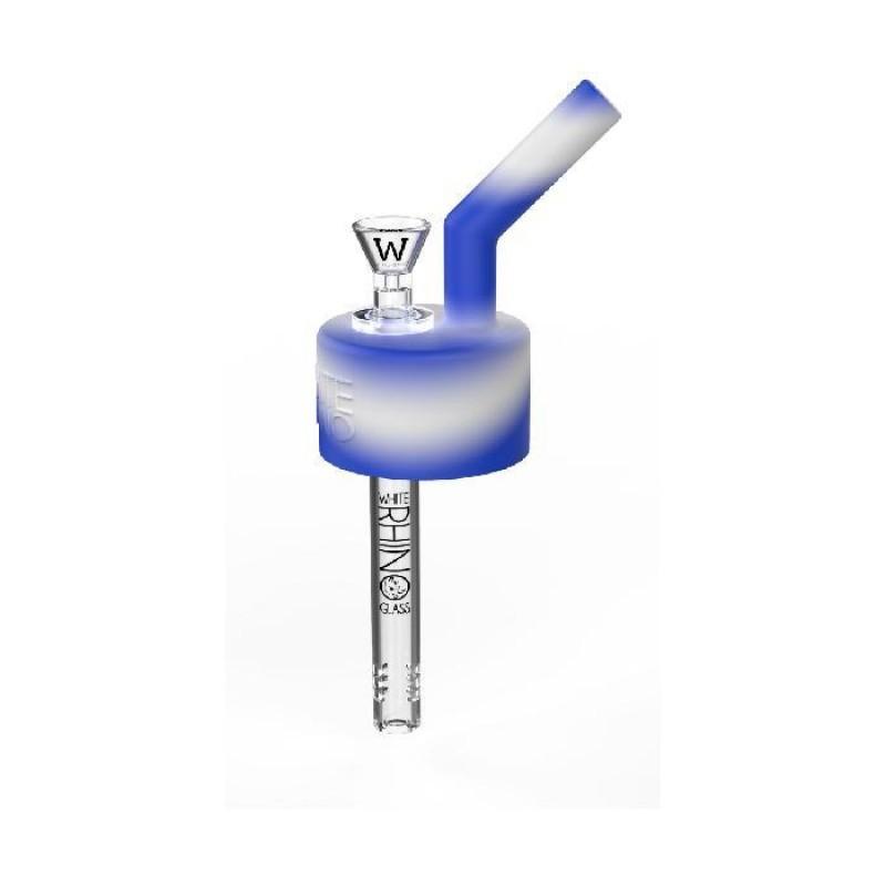 full profile view of the White Rhino Pop top can converter in a blue and white mix. A novel tool for making a water pipe on the go.