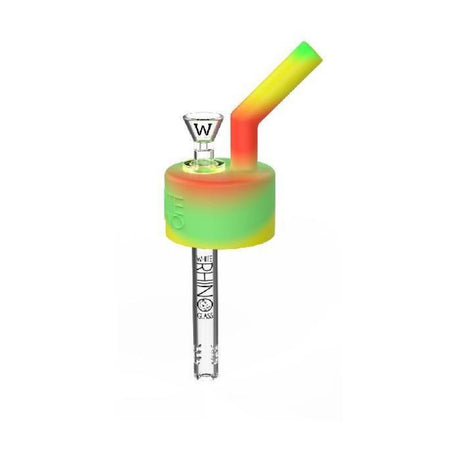 full profile view of the White Rhino Pop top can converter in a green, yellow, red rasta mix. A novel tool for making a water pipe on the go.