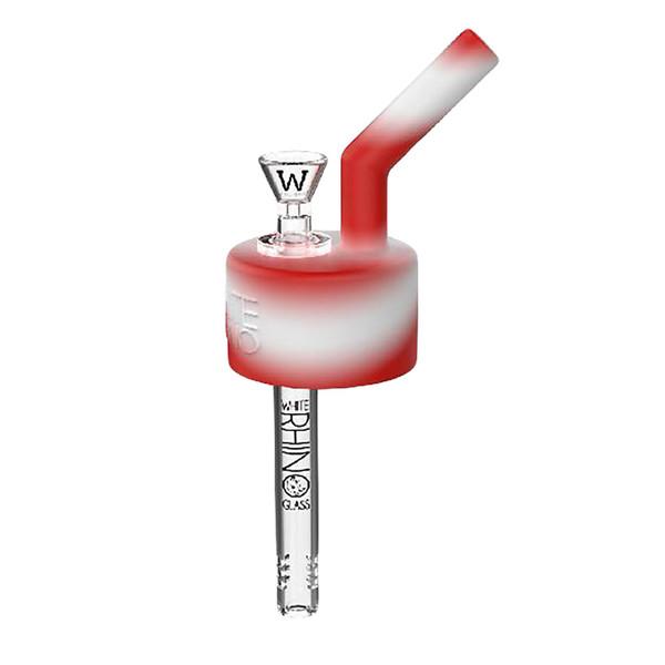 full profile view of the White Rhino Pop top can converter in a red and white mix. A novel tool for making a water pipe on the go.