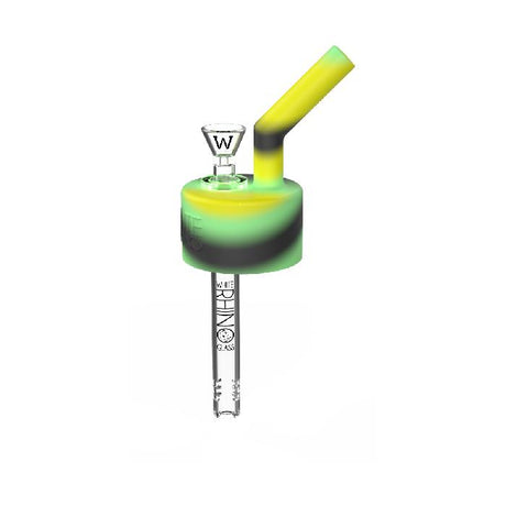 full profile view of the White Rhino Pop top can converter in a yellow, green, black color mix. A novel tool for making a water pipe on the go.