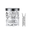 Side view of a White rhino XL Flat glass tip in their container.