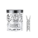 Side view of a White rhino XL Flat glass tip in their container.