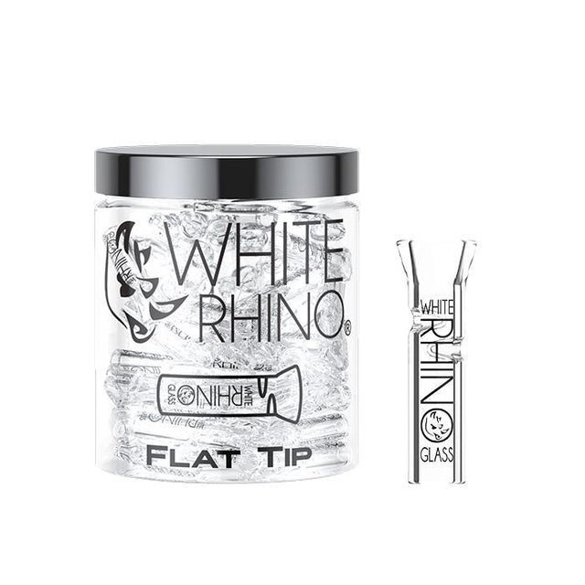 Side view of a White rhino XL Flat glass tip in their container.