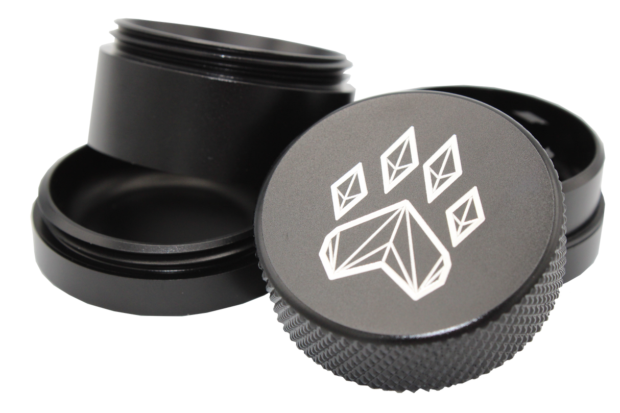exploded view of the Wolf grinder 1.5" 4 piece grinder. Made of lightweight and durable aluminum. it is precisely made that provides a consistent shred with its sharp teeth while being portable. I ti made in a durable anodized black coloring.