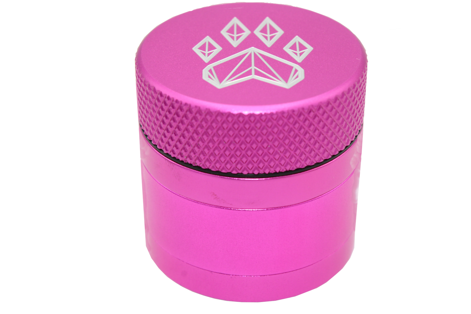 side close up view of the Wolf grinder 1.5" 4 piece grinder. Made of lightweight and durable aluminum. it is precisely made that provides a consistent shred with its sharp teeth while being portable. I ti made in a durable anodized pink coloring.