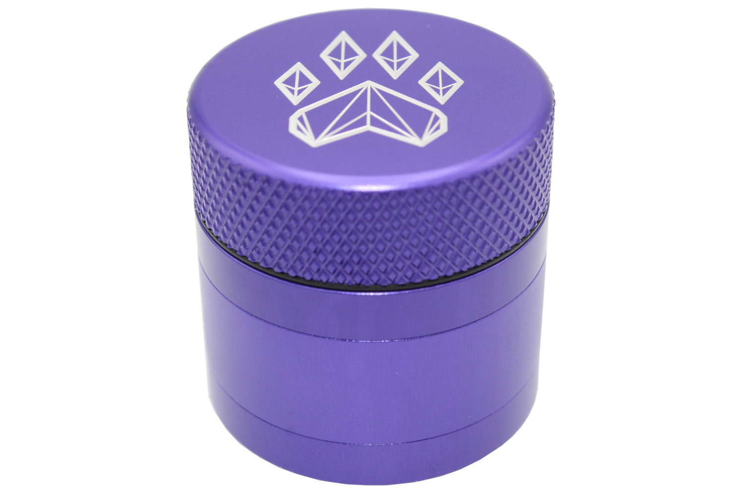 side close up view of the Wolf grinder 1.5" 4 piece grinder. Made of lightweight and durable aluminum. it is precisely made that provides a consistent shred with its sharp teeth while being portable. I ti made in a durable anodized purple coloring.
