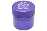 side close up view of the Wolf grinder 1.5" 4 piece grinder. Made of lightweight and durable aluminum. it is precisely made that provides a consistent shred with its sharp teeth while being portable. I ti made in a durable anodized purple coloring.