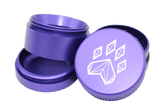 exploded view of the Wolf grinder 1.5" 4 piece grinder. Made of lightweight and durable aluminum. it is precisely made that provides a consistent shred with its sharp teeth while being portable. I ti made in a durable anodized purple coloring.