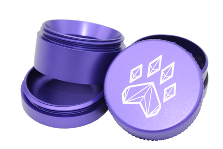 exploded view of the Wolf grinder 1.5" 4 piece grinder. Made of lightweight and durable aluminum. it is precisely made that provides a consistent shred with its sharp teeth while being portable. I ti made in a durable anodized purple coloring.