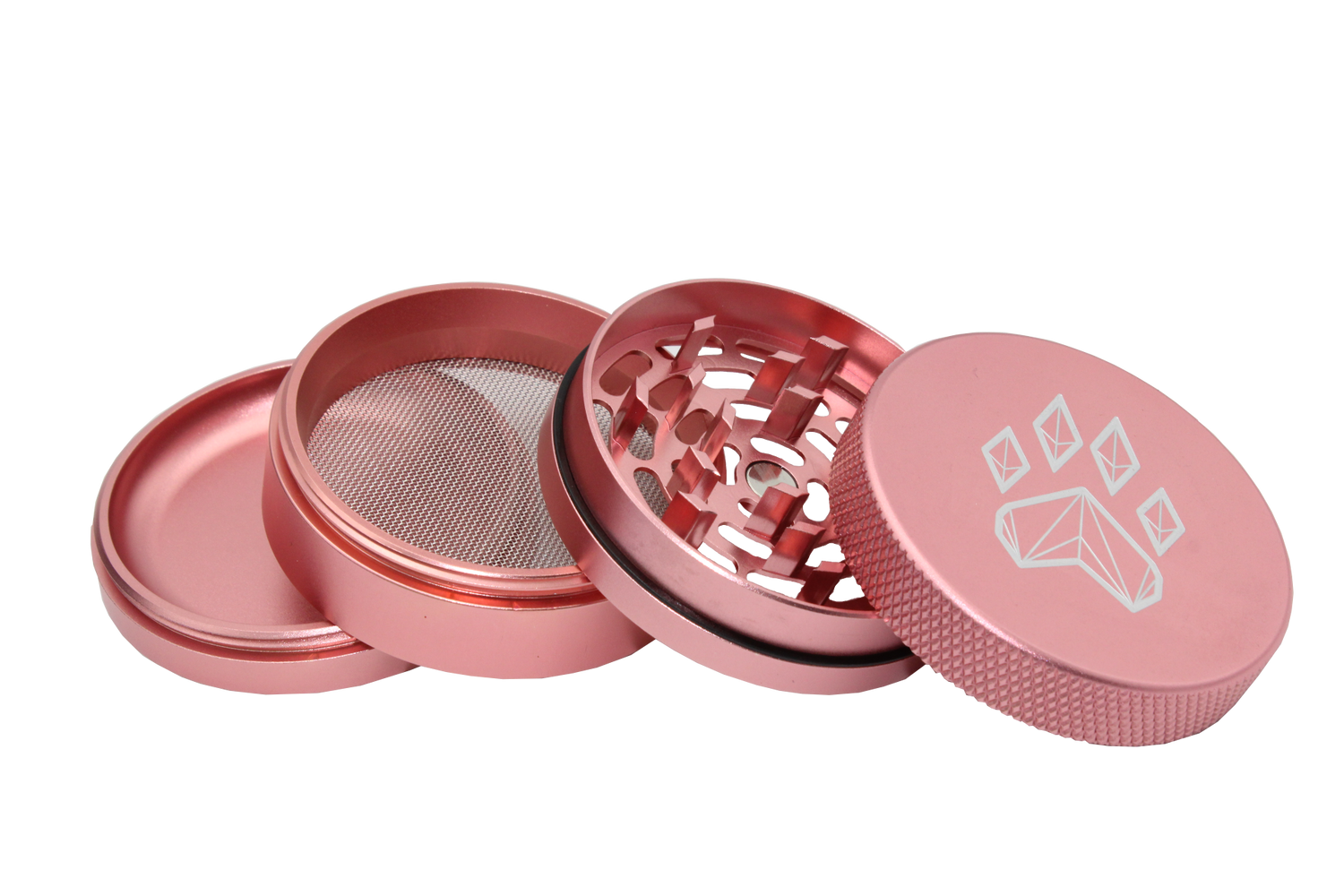 exploded view of the wolf grinders 2.5" 4 piece metal grinder. made of durable aluminum construction and anodized pink finish for a premium feel.