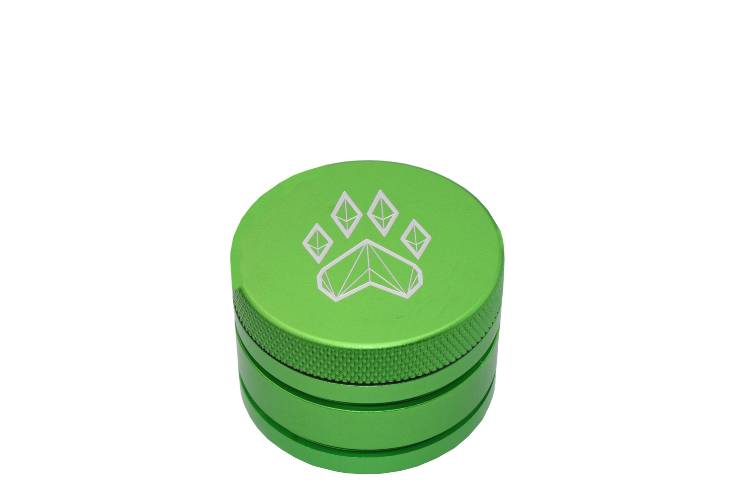 side view of the wolf grinders 2.5" 4 piece metal grinder. made of durable aluminum construction and anodized green finish for a premium feel.