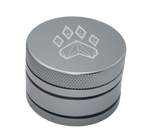 side view of the wolf grinders 2.5" 4 piece metal grinder. made of durable aluminum construction and anodized silver finish for a premium feel.