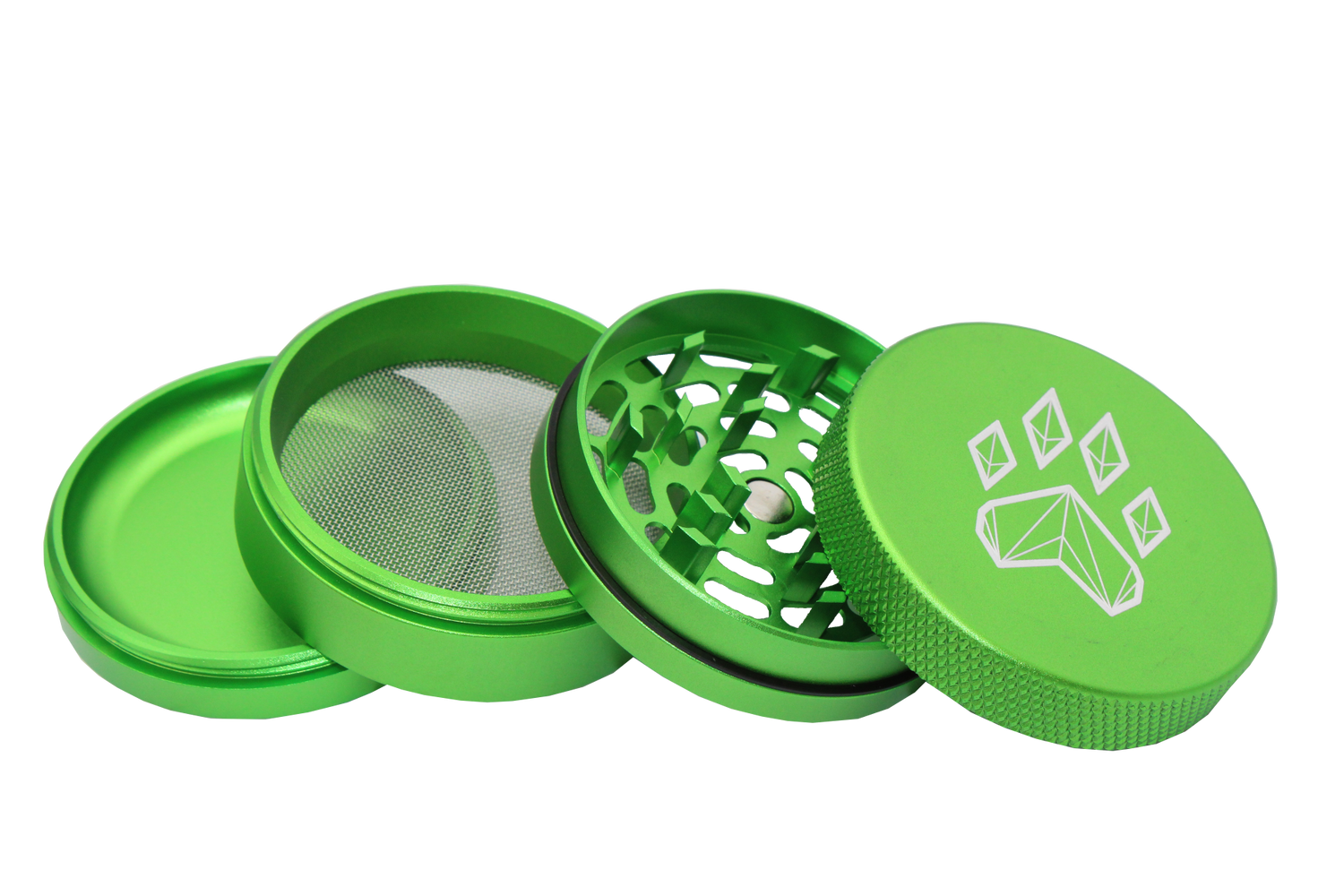 exploded view of the wolf grinders 2.5" 4 piece metal grinder. made of durable aluminum construction and anodized green finish for a premium feel.