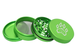 exploded view of the wolf grinders 2.5" 4 piece metal grinder. made of durable aluminum construction and anodized green finish for a premium feel.