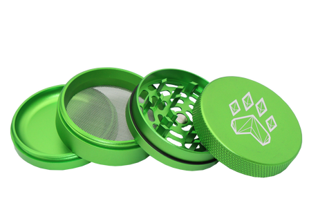 exploded view of the wolf grinders 2.5" 4 piece metal grinder. made of durable aluminum construction and anodized green finish for a premium feel.