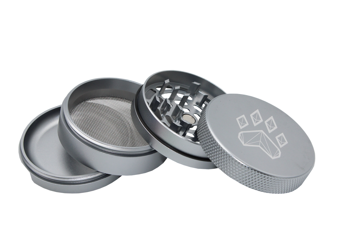 exploded view of the wolf grinders 2.5" 4 piece metal grinder. made of durable aluminum construction and anodized silver finish for a premium feel.