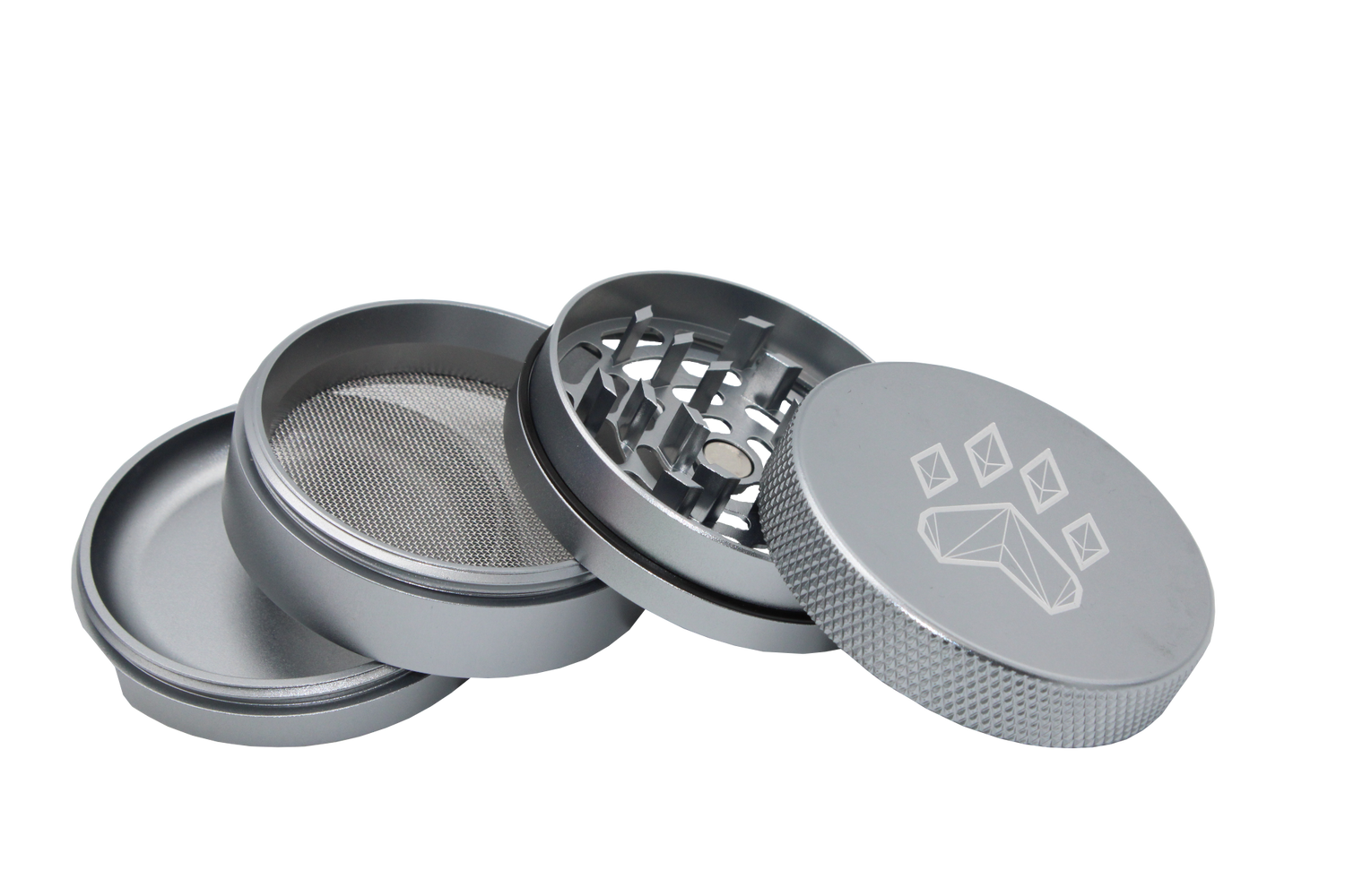 exploded view of the wolf grinders 2.5" 4 piece metal grinder. made of durable aluminum construction and anodized silver finish for a premium feel.