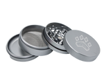 exploded view of the wolf grinders 2.5" 4 piece metal grinder. made of durable aluminum construction and anodized silver finish for a premium feel.
