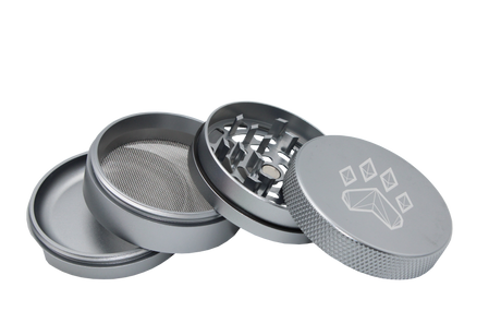 exploded view of the wolf grinders 2.5" 4 piece metal grinder. made of durable aluminum construction and anodized silver finish for a premium feel.