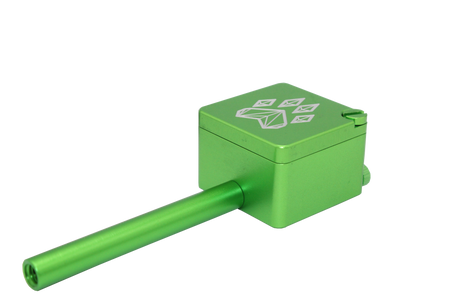 side view of the wolf grinders cannon hand pipe, made of machines aluminum with a swivel cover to carry flower ready. A green anodized finish that is durable for long term use.