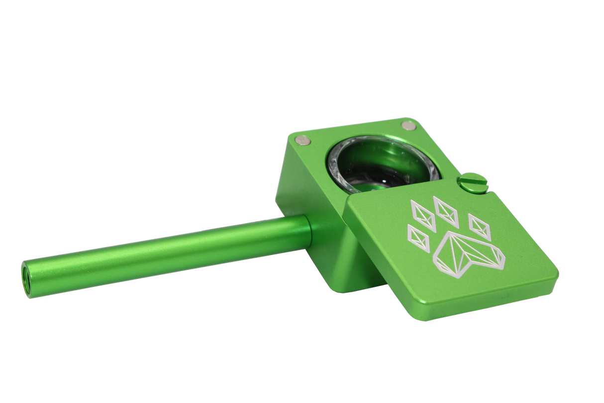 side view of the wolf grinders cannon hand pipe, made of machines aluminum with a swivel cover to carry flower ready. A green anodized finish that is durable for long term use.