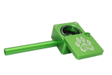 side view of the wolf grinders cannon hand pipe, made of machines aluminum with a swivel cover to carry flower ready. A green anodized finish that is durable for long term use.
