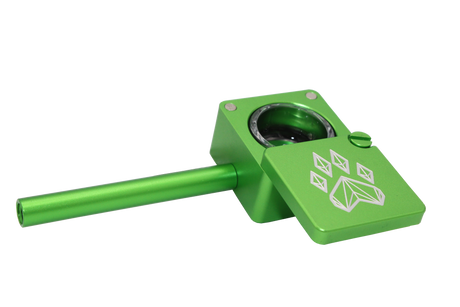 side view of the wolf grinders cannon hand pipe, made of machines aluminum with a swivel cover to carry flower ready. A green anodized finish that is durable for long term use.