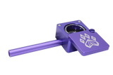 side view of the wolf grinders cannon hand pipe, made of machines aluminum with a swivel cover to carry flower ready. A purple anodized finish that is durable for long term use.