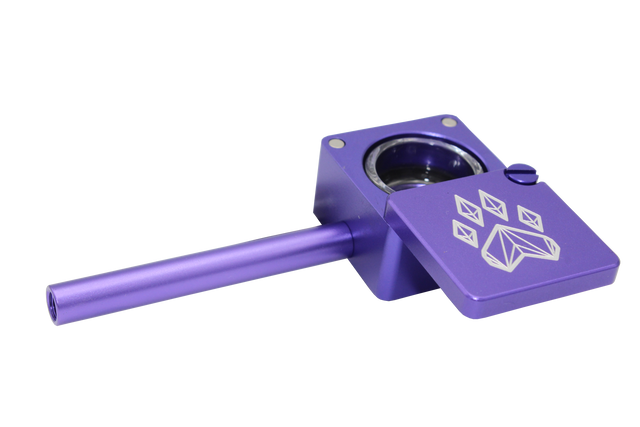 side view of the wolf grinders cannon hand pipe, made of machines aluminum with a swivel cover to carry flower ready. A purple anodized finish that is durable for long term use.