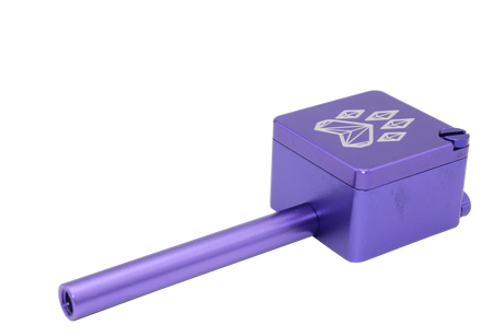 side view of the wolf grinders cannon hand pipe, made of machines aluminum with a swivel cover to carry flower ready. A purple anodized finish that is durable for long term use.