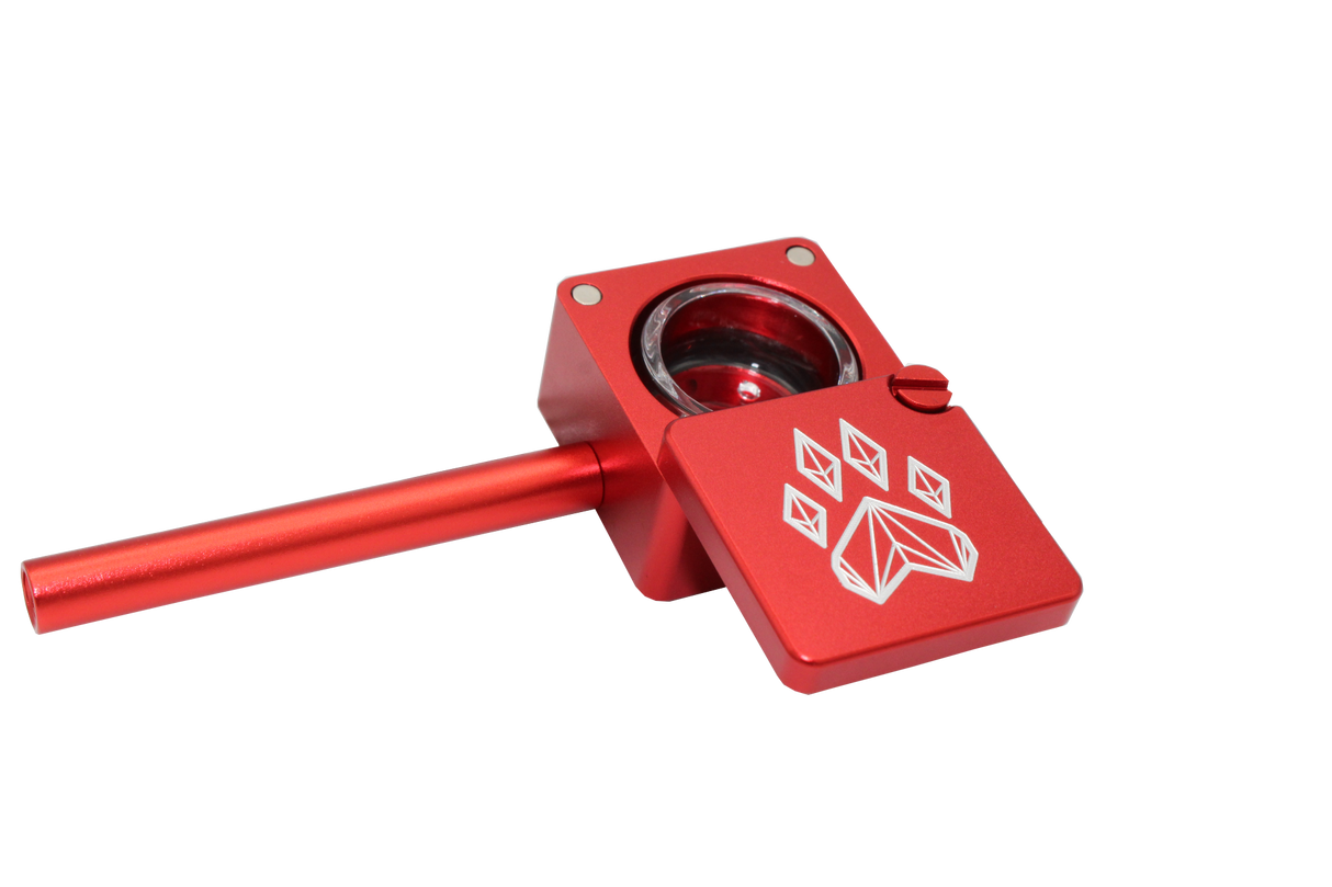 side view of the wolf grinders cannon hand pipe, made of machines aluminum with a swivel cover to carry flower ready. A red anodized finish that is durable for long term use.