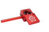 side view of the wolf grinders cannon hand pipe, made of machines aluminum with a swivel cover to carry flower ready. A red anodized finish that is durable for long term use.