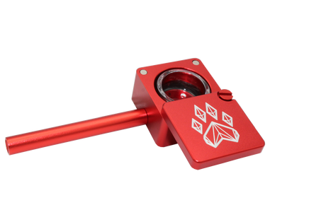 side view of the wolf grinders cannon hand pipe, made of machines aluminum with a swivel cover to carry flower ready. A red anodized finish that is durable for long term use.