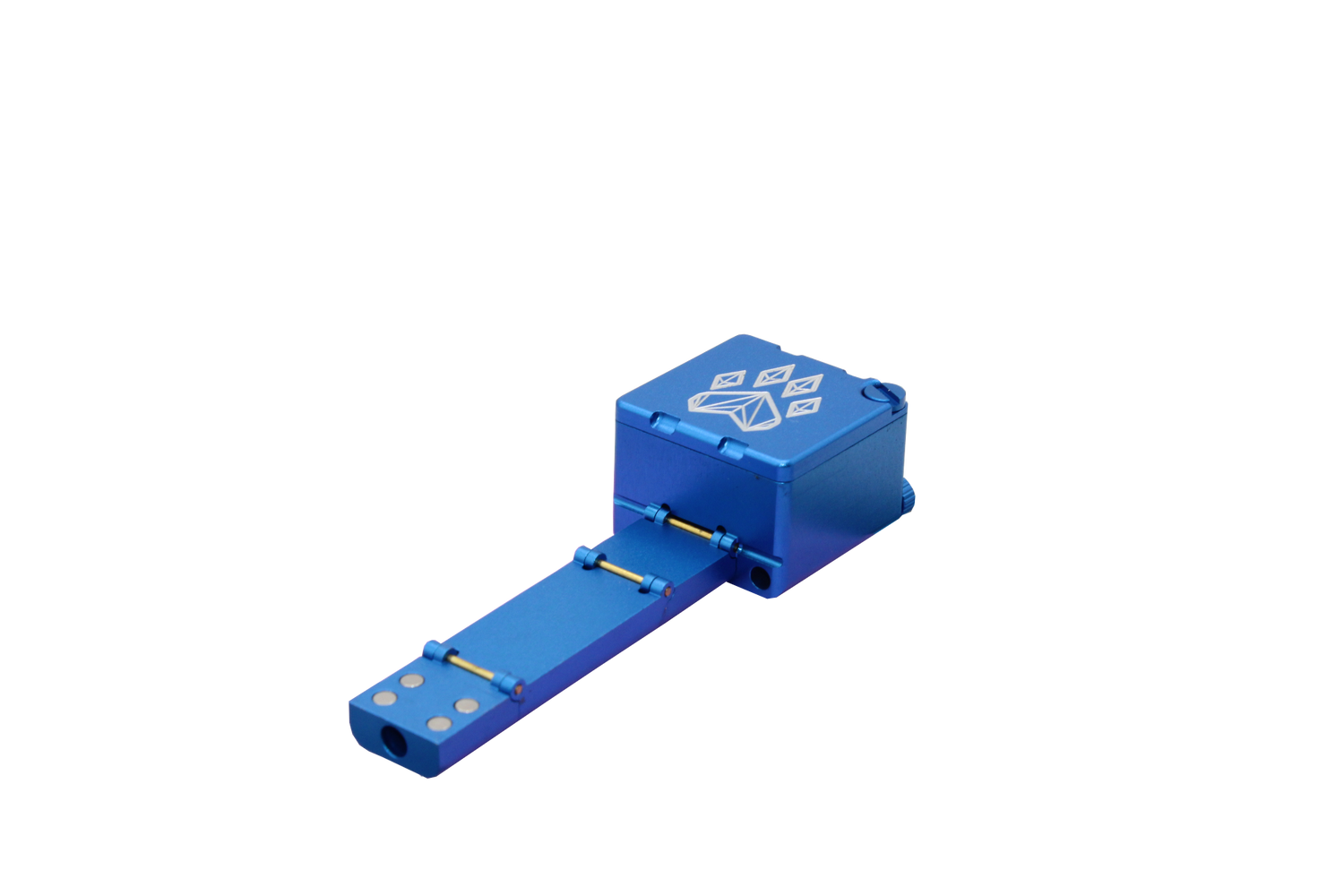 view of the wold grinders scorpion folding hand pipes. made of aircraft grade aluminum with a quartz bowl for performance smoking in a compact package with a blue finish