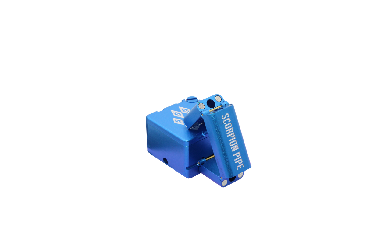 view of the wold grinders scorpion folding hand pipes. made of aircraft grade aluminum with a quartz bowl for performance smoking in a compact package finished in blue. able to be folded for carry and storage.