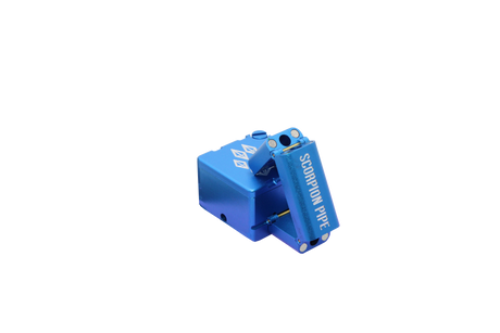 view of the wold grinders scorpion folding hand pipes. made of aircraft grade aluminum with a quartz bowl for performance smoking in a compact package finished in blue. able to be folded for carry and storage.