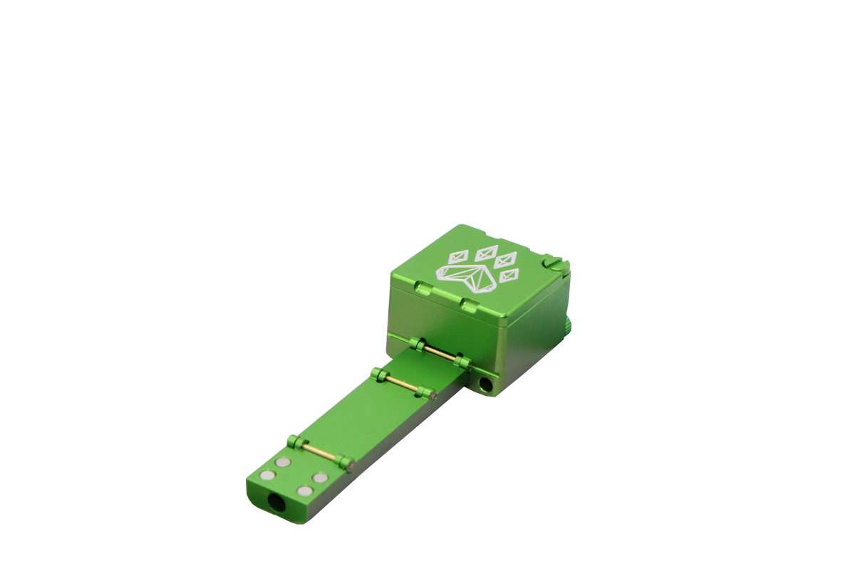 view of the wold grinders scorpion folding hand pipes. made of aircraft grade aluminum with a quartz bowl for performance smoking in a compact package with a green finish