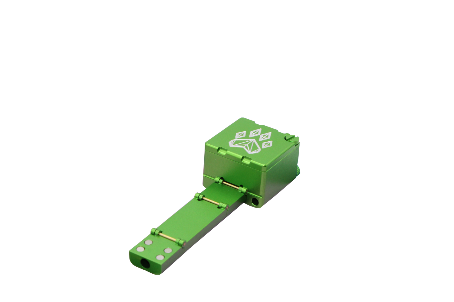 view of the wold grinders scorpion folding hand pipes. made of aircraft grade aluminum with a quartz bowl for performance smoking in a compact package with a green finish