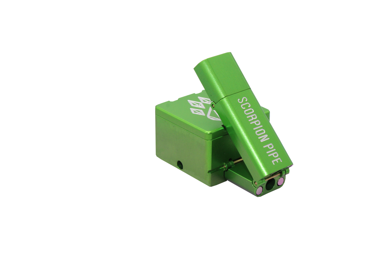 view of the wold grinders scorpion folding hand pipes. made of aircraft grade aluminum with a quartz bowl for performance smoking in a compact package finished in green. able to be folded for carry and storage.