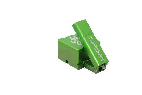 view of the wold grinders scorpion folding hand pipes. made of aircraft grade aluminum with a quartz bowl for performance smoking in a compact package finished in green. able to be folded for carry and storage.