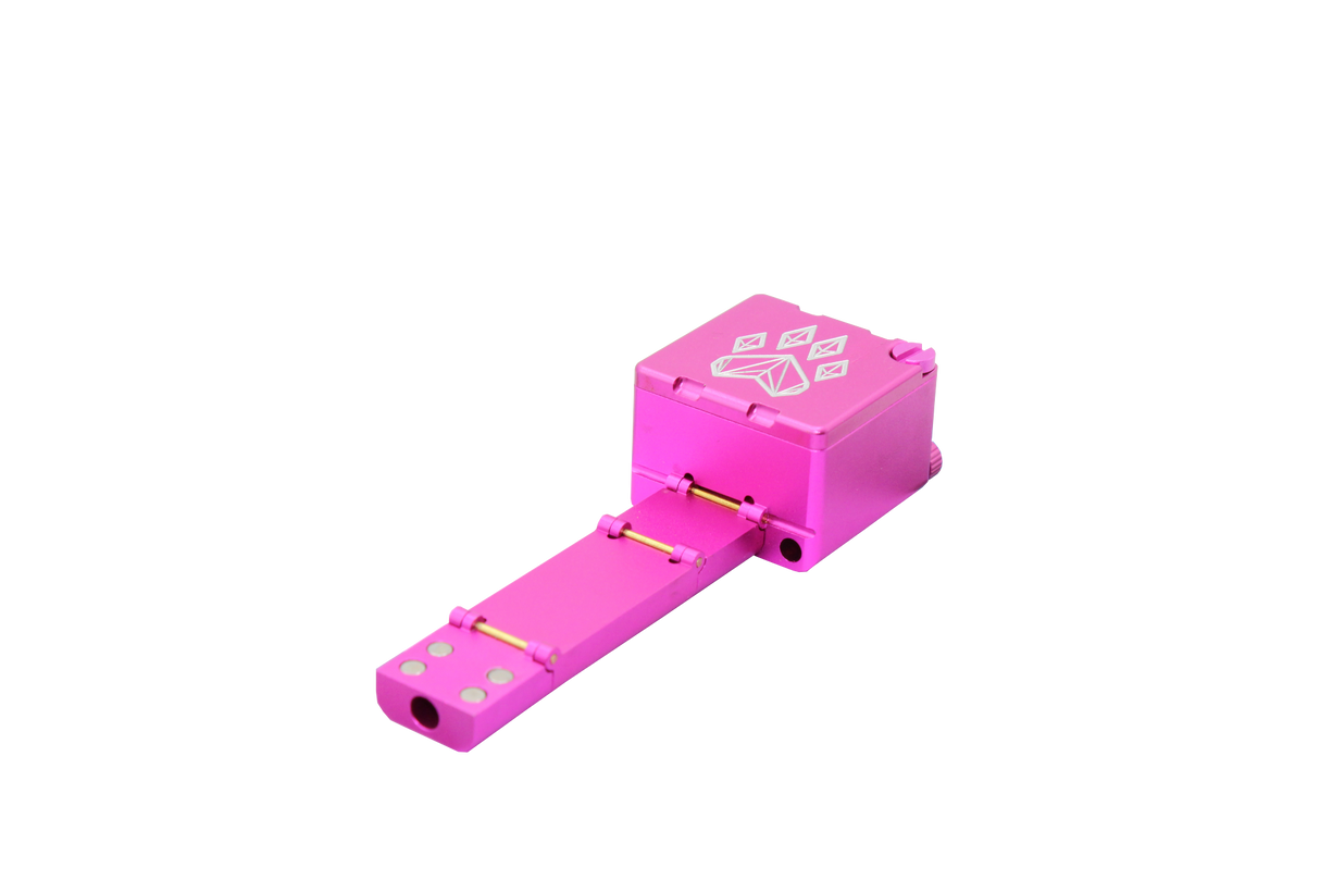 view of the wold grinders scorpion folding hand pipes. made of aircraft grade aluminum with a quartz bowl for performance smoking in a compact package with a pink finish