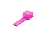 view of the wold grinders scorpion folding hand pipes. made of aircraft grade aluminum with a quartz bowl for performance smoking in a compact package with a pink finish