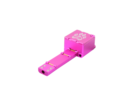 view of the wold grinders scorpion folding hand pipes. made of aircraft grade aluminum with a quartz bowl for performance smoking in a compact package with a pink finish