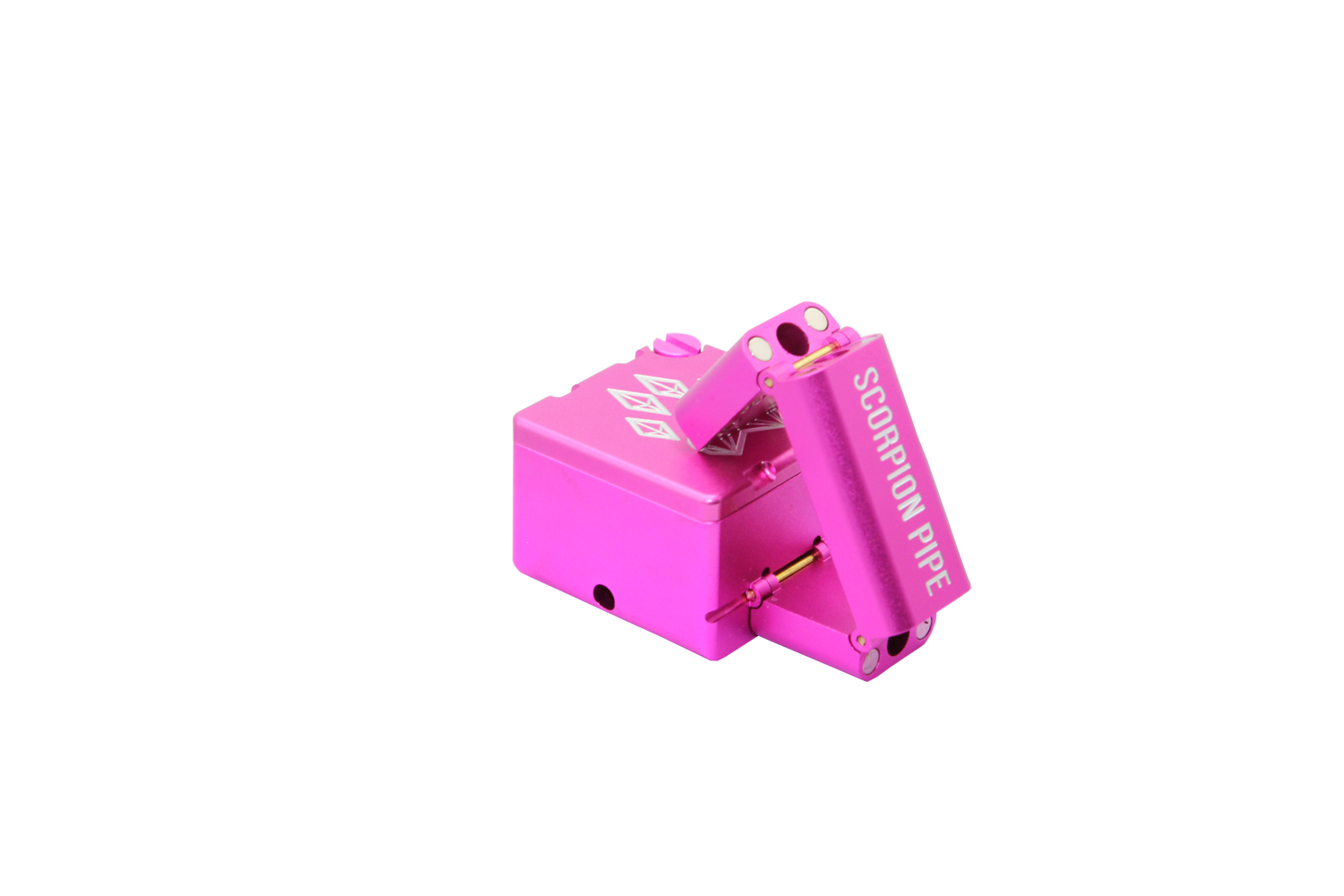 view of the wold grinders scorpion folding hand pipes. made of aircraft grade aluminum with a quartz bowl for performance smoking in a compact package finished in pink. able to be folded for carry and storage.