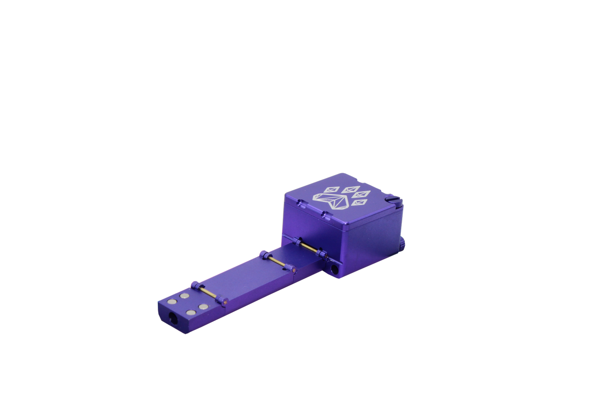 view of the wold grinders scorpion folding hand pipes. made of aircraft grade aluminum with a quartz bowl for performance smoking in a compact package with a purple finish
