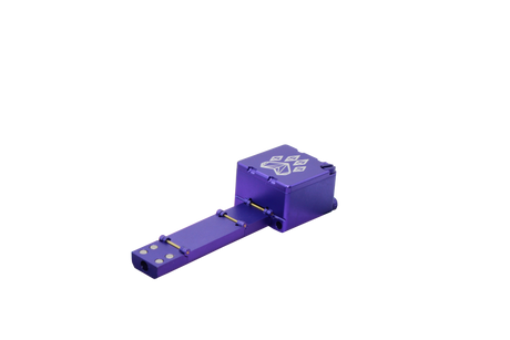 view of the wold grinders scorpion folding hand pipes. made of aircraft grade aluminum with a quartz bowl for performance smoking in a compact package with a purple finish