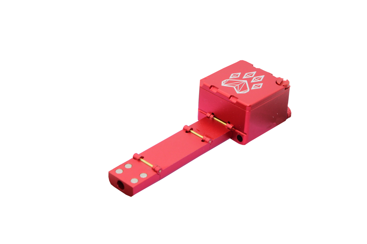 view of the wold grinders scorpion folding hand pipes. made of aircraft grade aluminum with a quartz bowl for performance smoking in a compact package with a red finish